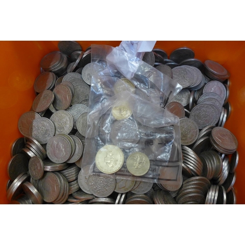 990 - A tub of old two-shilling pieces, post 1947, approximately 10kg