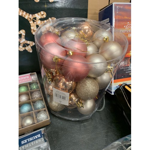 2299 - Job lot of Christmas decorations: lights, tree, baubles and more (approx. 15 items)