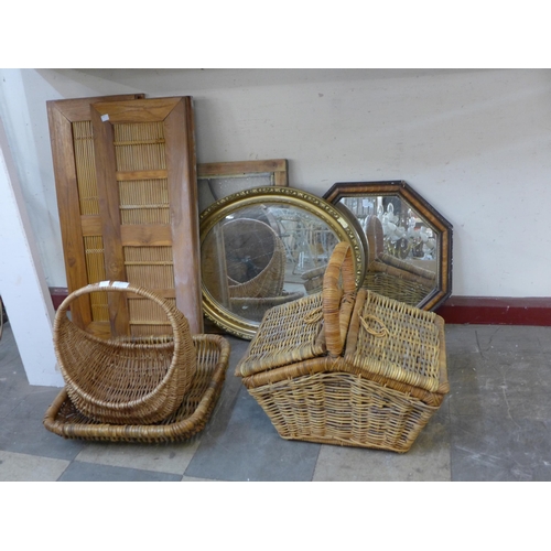 383 - Six teak and cane shutters, wicker baskets and two mirrors