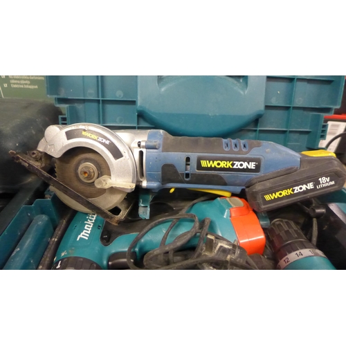 2027 - Bosch GST120BE Pro jigsaw in case and pair of Makita cordless drills with batteries and charger plus... 