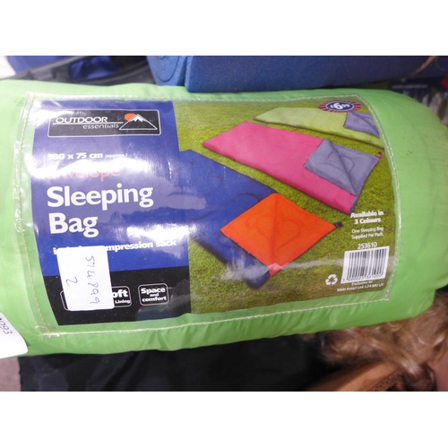 2093 - Camping job lot; A pop up 2 man tent, three camping chairs, folding table, stove and two sleeping ba... 