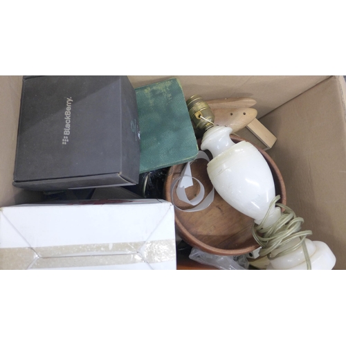 2123 - 3 Boxes of household/collectable items: Blackberry and mobile phones, box of latches, picture frames... 