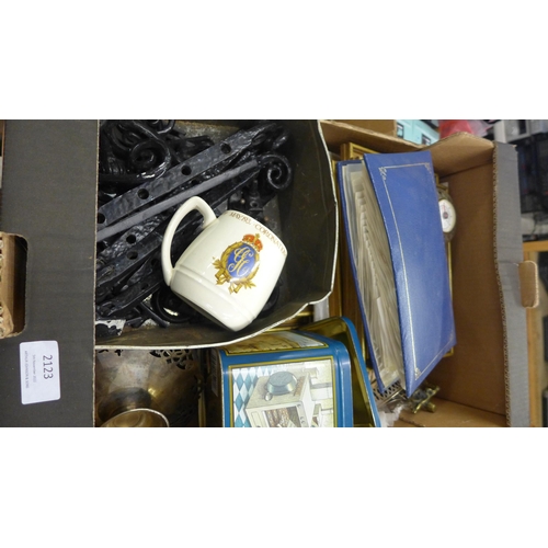 2123 - 3 Boxes of household/collectable items: Blackberry and mobile phones, box of latches, picture frames... 