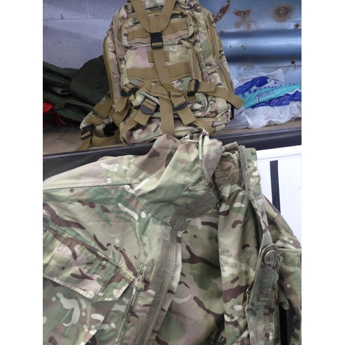 2184 - Large British Army smock 2 camouflage jacket and rucksack plus padded quilted suit