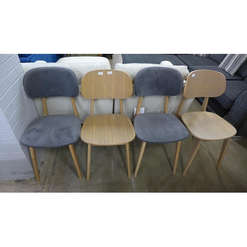 1374 - A set of four Bari oak side chairs (two grey upholstered, two natural)