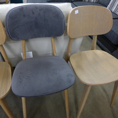 1374 - A set of four Bari oak side chairs (two grey upholstered, two natural)