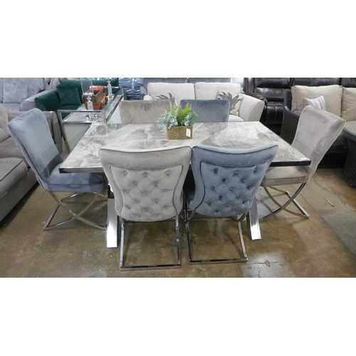 1406 - A 1.8m fixed top marble effect dining table with six dining chairs