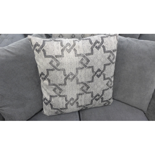 1413 - A grey upholstered two seater sofa with patterned cushions