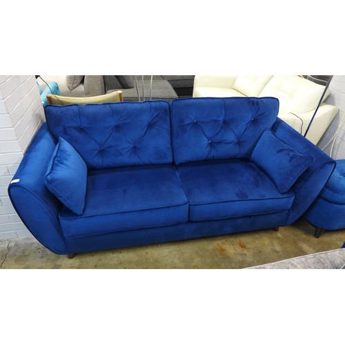 1422 - A Hoxton blue velvet three seater sofa and storage footstool