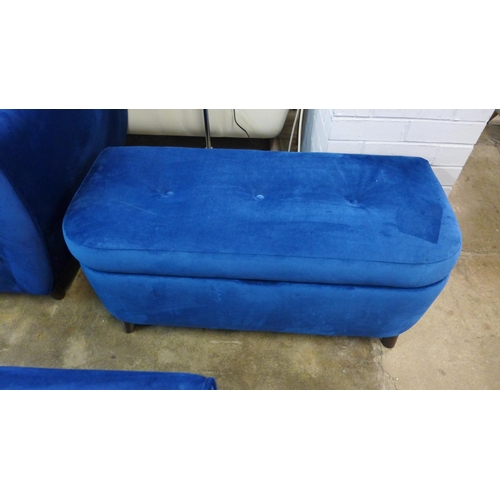 1422 - A Hoxton blue velvet three seater sofa and storage footstool