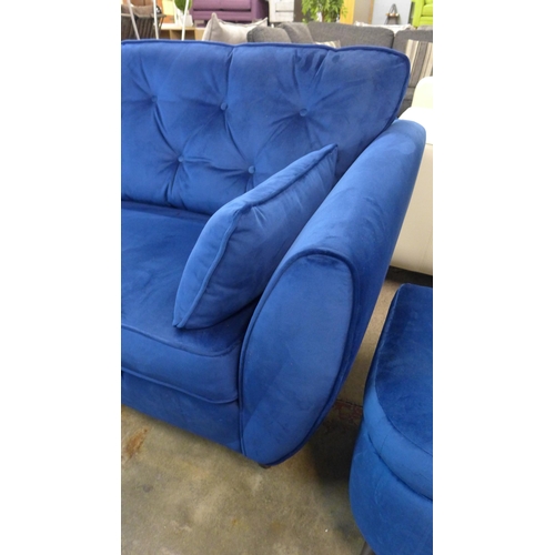 1422 - A Hoxton blue velvet three seater sofa and storage footstool