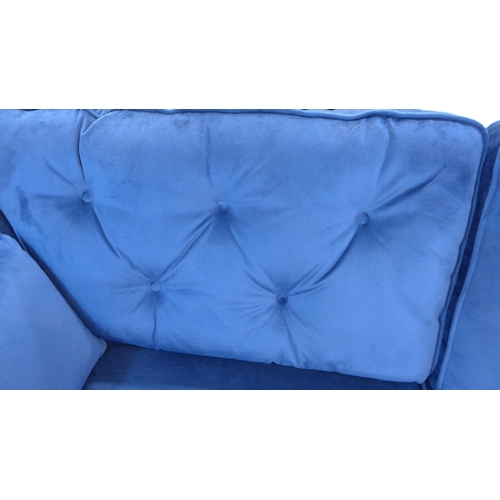 1422 - A Hoxton blue velvet three seater sofa and storage footstool