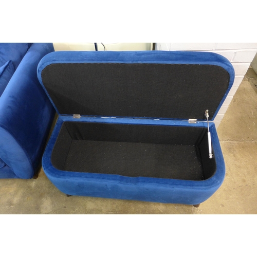 1422 - A Hoxton blue velvet three seater sofa and storage footstool