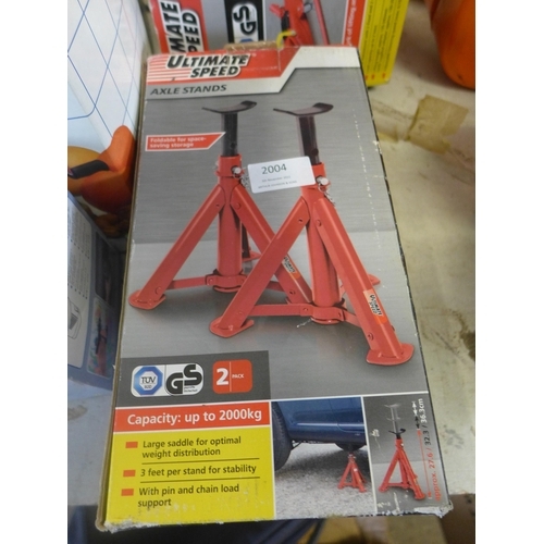 2004 - 2 ton capacity boxed trolley jack, unused with cross wrench, a pair of boxed angle stands, a Black a... 