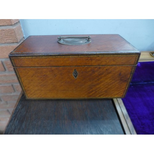 835 - A Victorian inlaid writing slope, a Georgian tea caddy and two cutlery cases