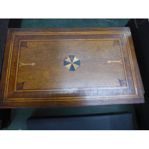 835 - A Victorian inlaid writing slope, a Georgian tea caddy and two cutlery cases