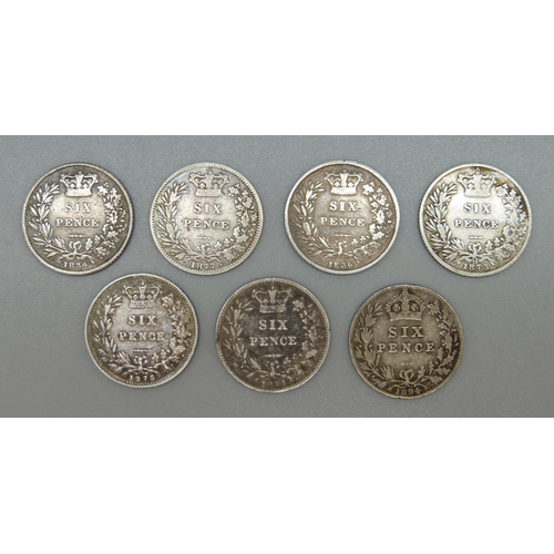 106 - Seven 19th Century sixpence coins