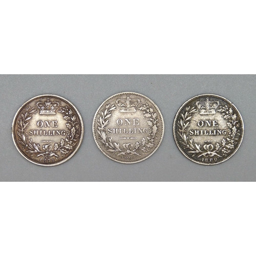 110 - Three Victorian shillings, 1874, 1880 and 1881