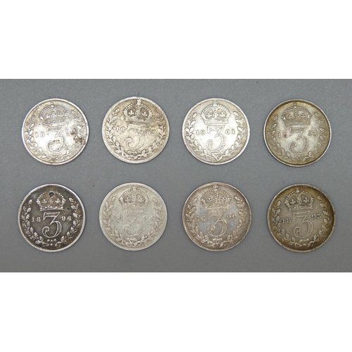 117 - Eight Victorian 3d coins, one drilled