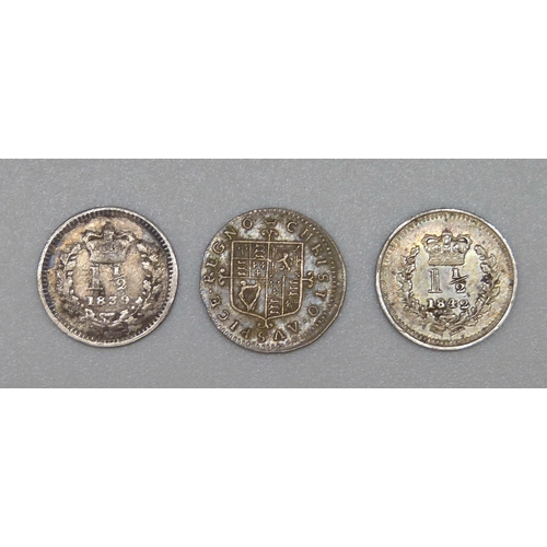 119 - Three coins, Charles II one pence and two Victorian 1½ pence coins, 1839 and 1842