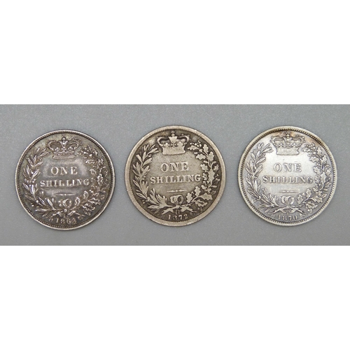 147 - Three Victorian one shilling coins