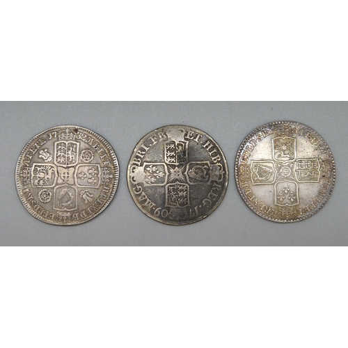 156 - Three half crowns, Queen Anne 1709E, and George II 1732 and 1745