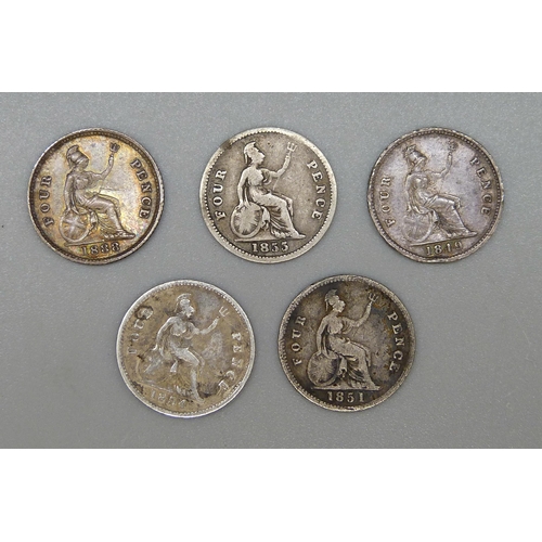 159 - Five Victorian four pence coins