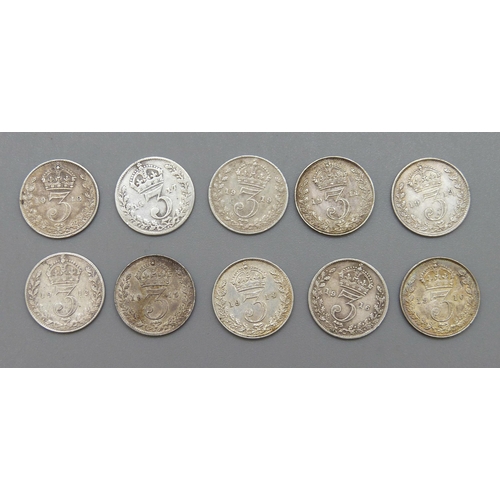 187 - Ten 3d coins, nine George V and one Edward VII