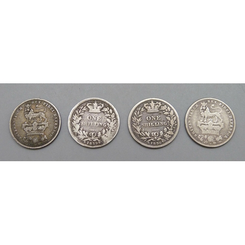 192 - Four one shilling coins, George IV 1826, 1829, William IV 1836 and Victoria 1839