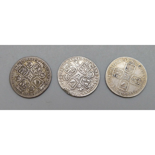 195 - Three George II sixpence coins