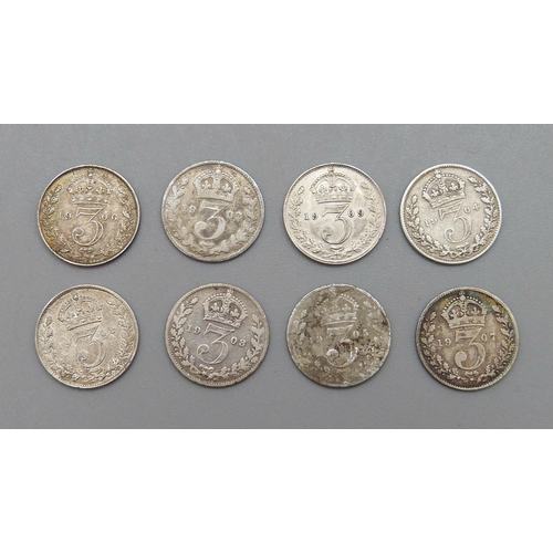 197 - Eight Edward VII 3d coins