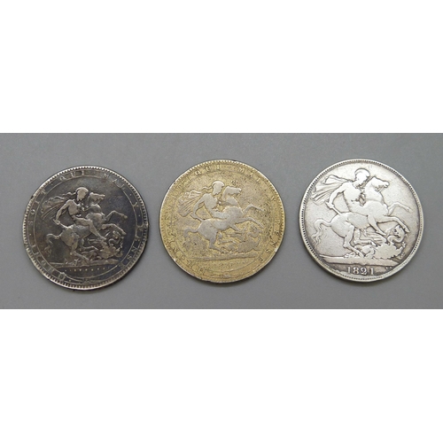 198 - Three crowns, George III 1819, 1820 and George IV 1821