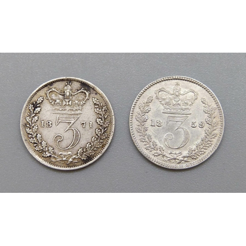 224 - Two 3d coins, 1859 and 1871