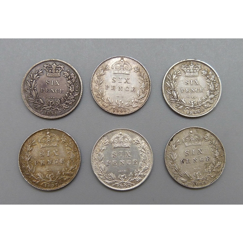 226 - Six sixpence coins, five Victorian and one William IV