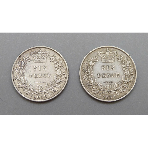 261 - Two Victorian sixpence coins, 1839 and 1853