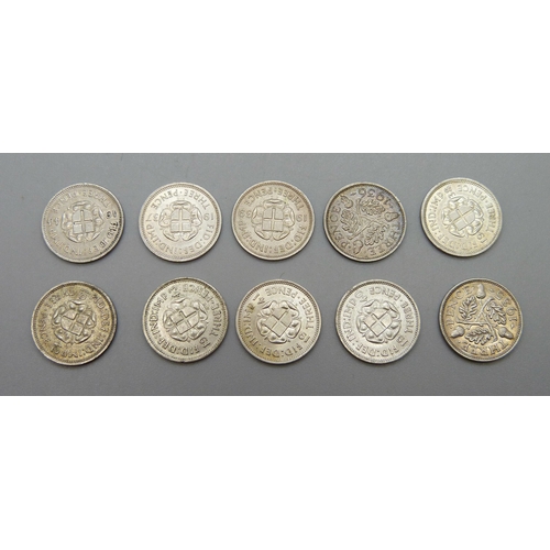 271 - Ten 3d coins, 1930's and 40's