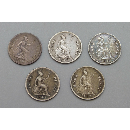 275 - Five 19th Century four pence coins, 1837, 1839, 1840, 1842 and 1843