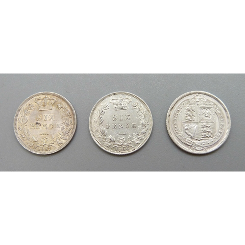 278 - Three sixpence coins, 1886 and two 1887, (1887 young and veiled)