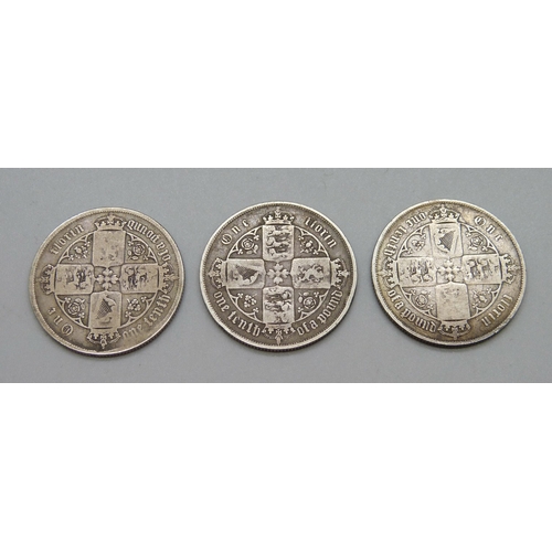 279 - Three Victorian Gothic florins, 1853, 1856 and 1857