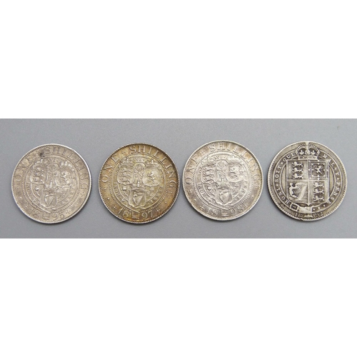 28 - Four one shilling coins, 1892, 1895, 1897 and 1898