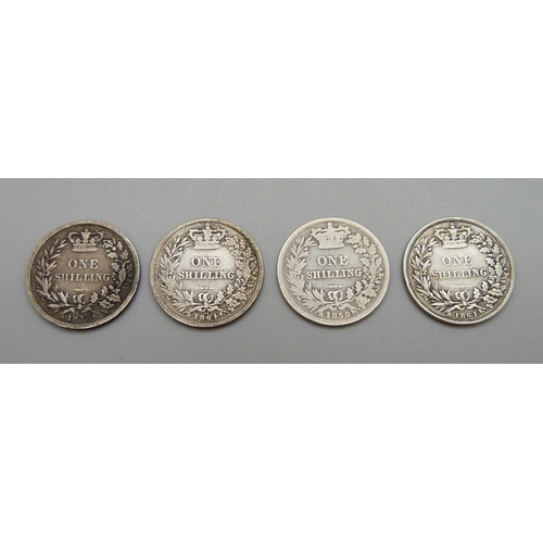 310 - Four Victorian one shilling coins, 1858, 1859, 1861 and 1864