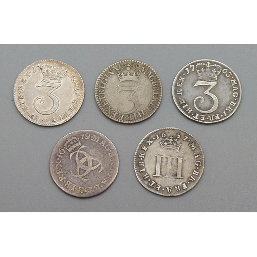 311 - Five 3d coins, Charles II 1679, James II 1687, William and Mary 1689 and two George III 1762 and 176... 