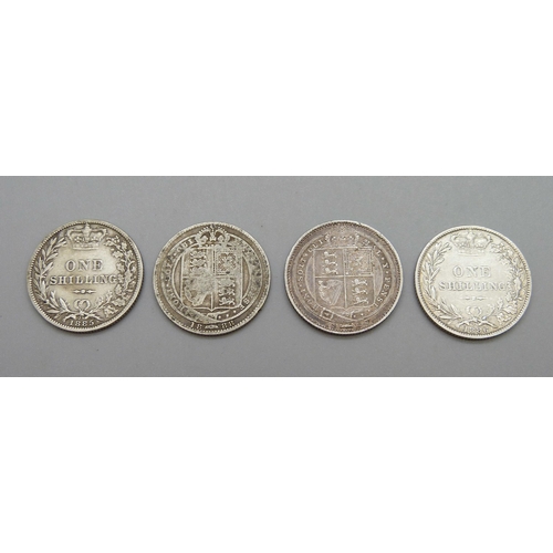 314 - Four one shilling coins, 1885, 1886, 1887 and 1888