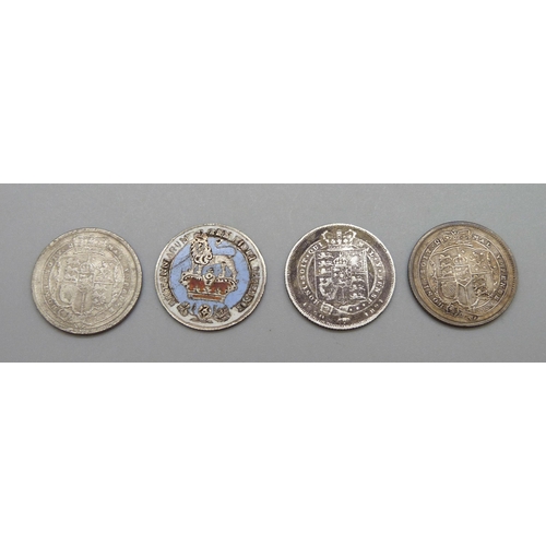 317 - Four one shilling coins, 1819, 1820, 1824 and enamelled 1825