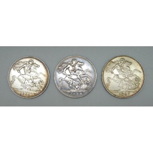 32 - Three Victorian crowns, 1896, 1897 and 1898