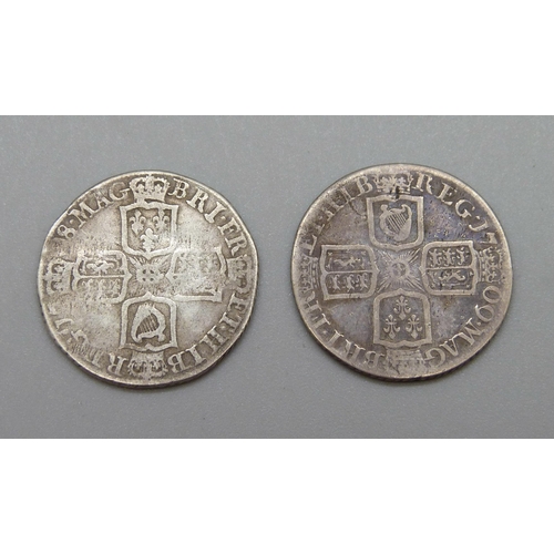 323 - Two Queen Anne one shilling coins, 1708E and 1709