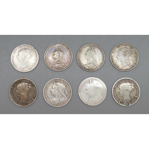 39 - Eight Victorian 3d coins, one drilled