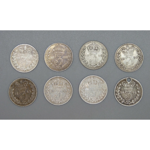 39 - Eight Victorian 3d coins, one drilled