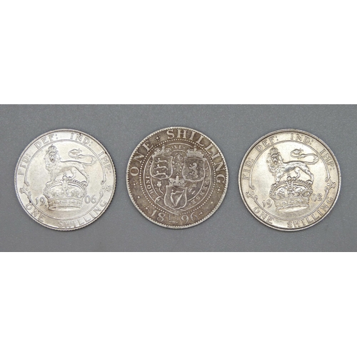 63 - Three one shilling coins, 1896, 1902 and 1906