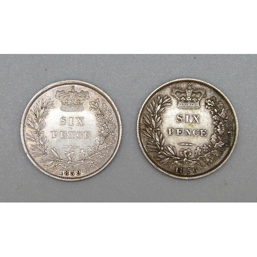 75 - Two Victorian sixpence coins, 1856 and 1859